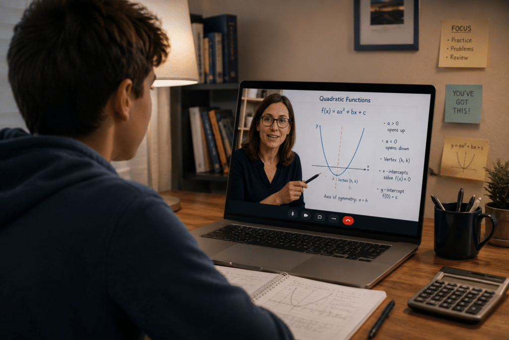 Over-the-shoulder view of a teenage student attending an online math tutoring session, watching an experienced tutor explain a quadratic graph on a laptop in a warm home study setting.