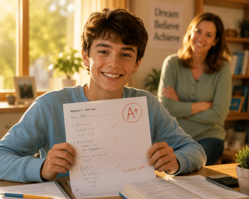 Smiling teenage student holding a high-scoring math test in a bright home study space, with a supportive parent or tutor blurred in the background during golden-hour lighting.