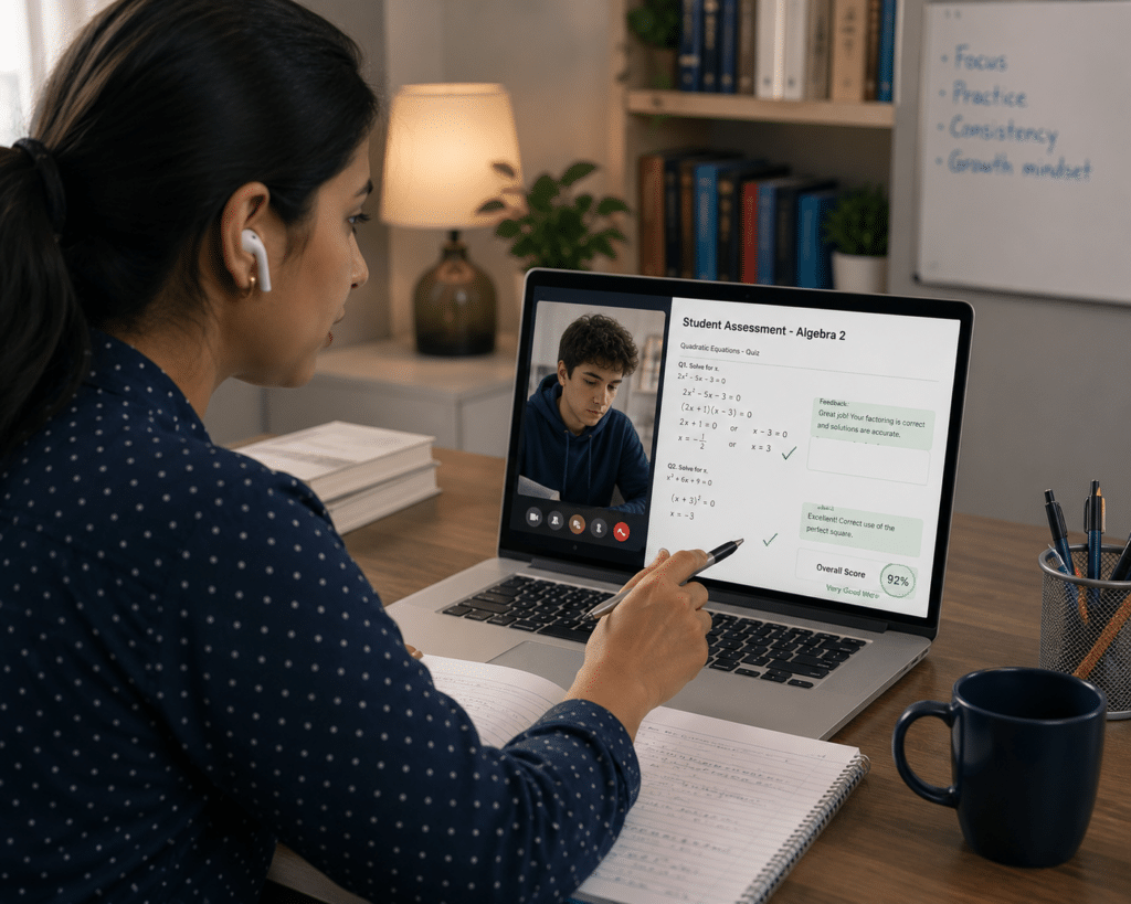 Online math tutor reviewing a student's Algebra assessment on a laptop during a live virtual tutoring session, providing personalized feedback in a modern home office.