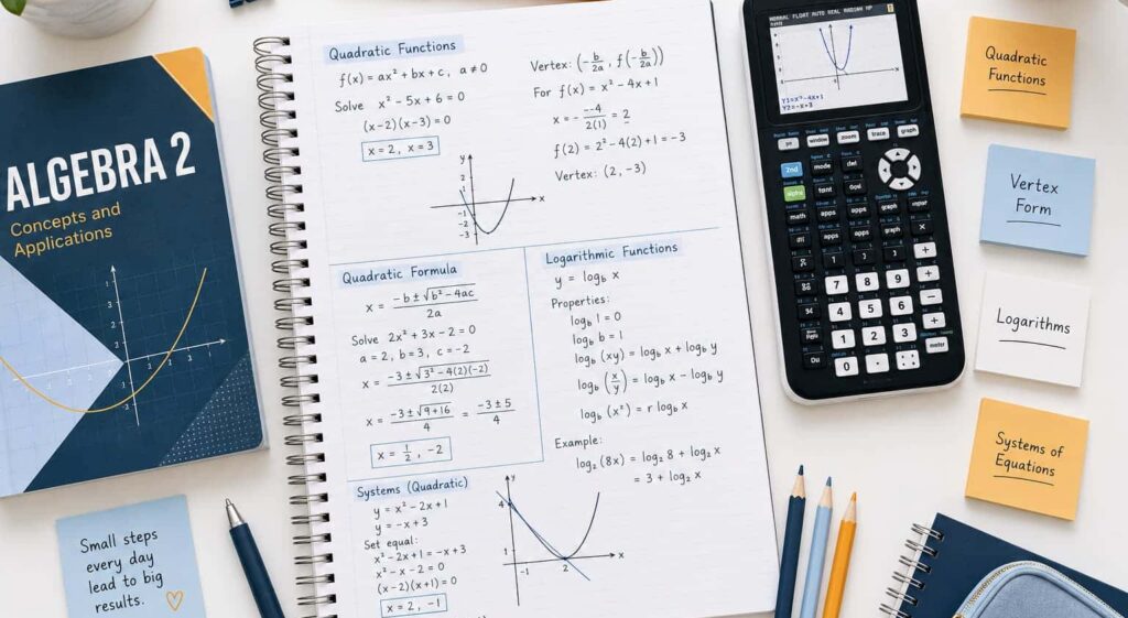 Overhead Algebra 2 study workspace with handwritten equations, math graphs, graphing calculator, pencils, textbook, and labeled sticky notes.