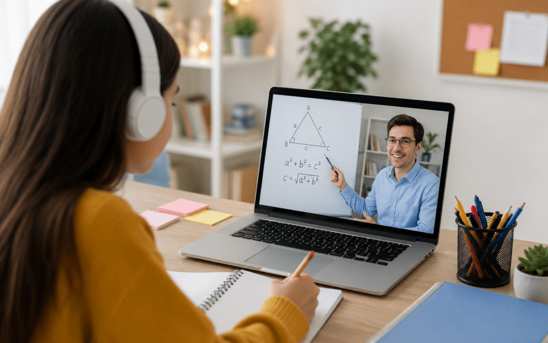 Middle school student participating in a live online math tutoring session on a laptop while taking notes at a tidy desk in a bright home study space.