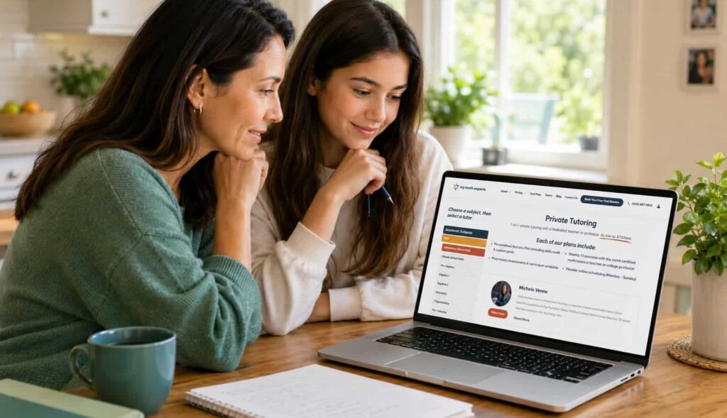 Parent and teenage student reviewing My Math Experts math tutoring options on a laptop at a kitchen table.