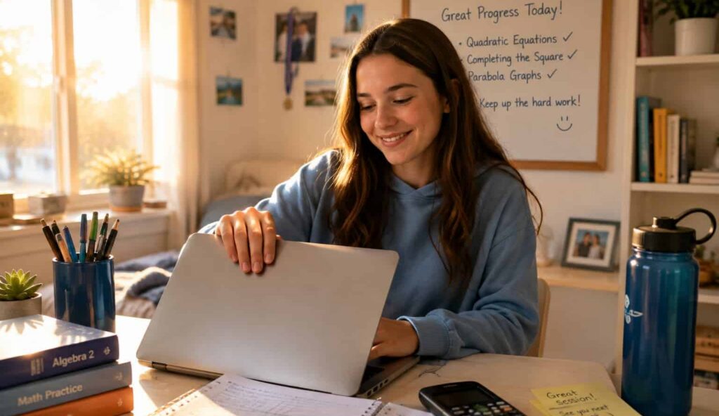 Smiling teenage student closing a laptop after an online math tutoring session with completed Algebra 2 work and a graphing calculator nearby.