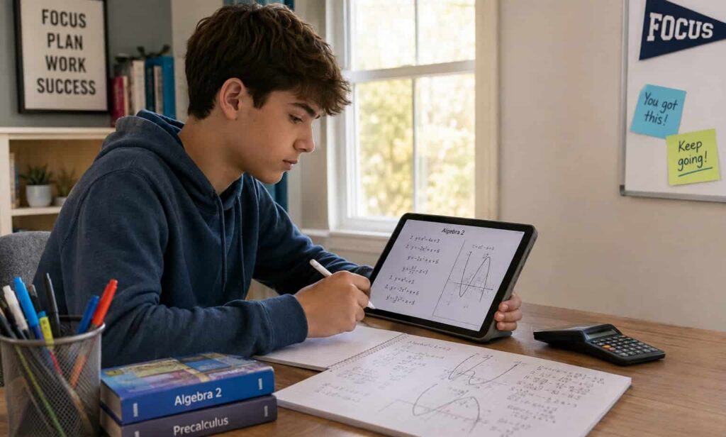 High school student studying Algebra 2 on a tablet with handwritten equations and parabola graphs on paper at a home desk.