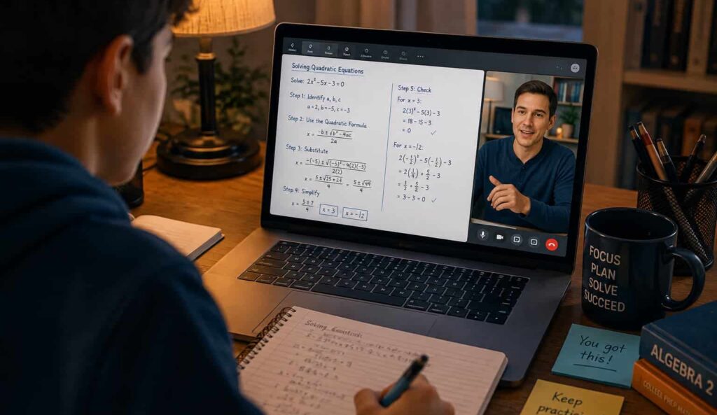 Student attending an online algebra tutoring session with a tutor and shared digital whiteboard on a laptop.