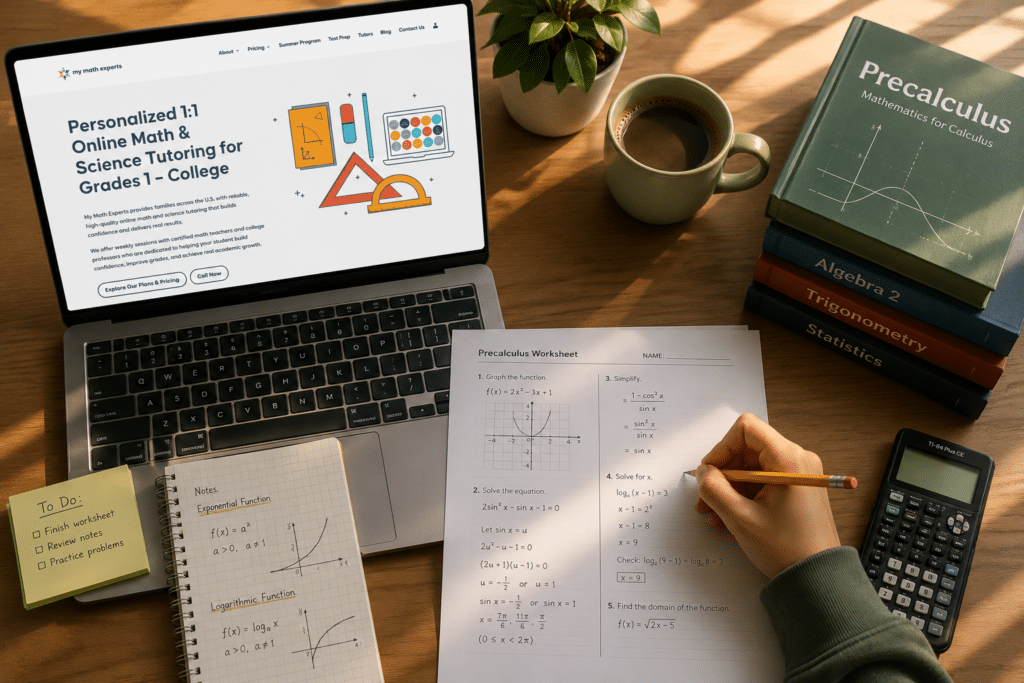 Overhead view of a student's wooden desk with a precalculus worksheet, pencil, laptop showing the My Math Experts website, graphing calculator, notebooks, and a coffee mug in warm afternoon sunlight.
