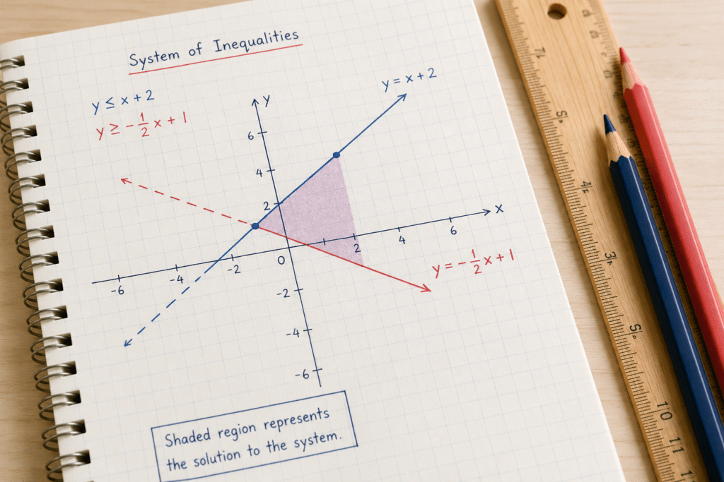 Close-up of graph paper showing two intersecting lines with a shaded overlapping region representing a system of inequalities, next to a wooden ruler and coral and navy colored pencils.