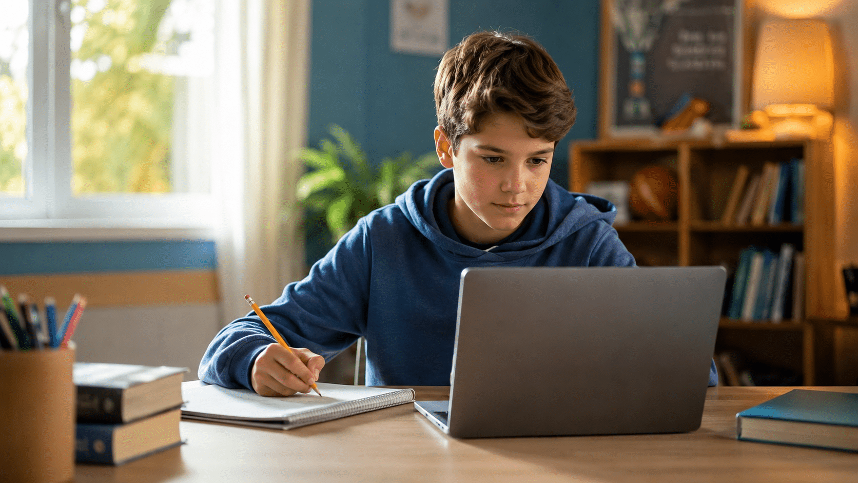 A focused 12-year-old middle school student studies math on a laptop at a tidy home desk, using a notebook and pencil in soft natural daylight from a nearby window.