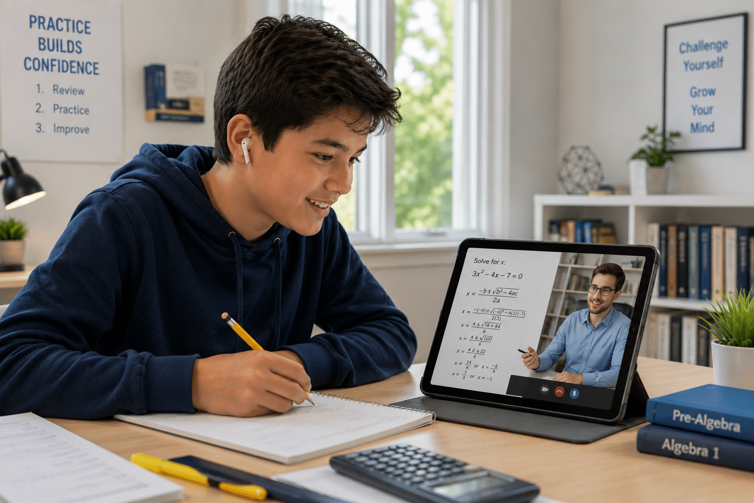 Split-screen image showing a middle school student struggling with paper-based math practice on the left and another student confidently learning with an online math tutor on a tablet in a bright home study space on the right.