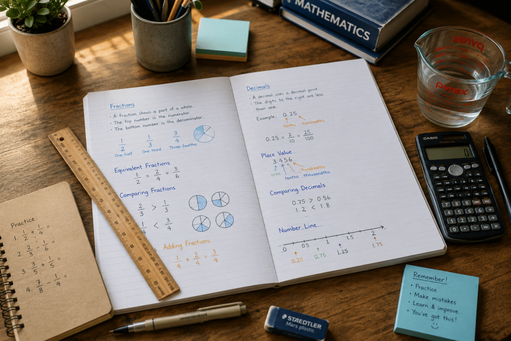 Open math notebook with handwritten fractions, decimals, and a number line beside a ruler, calculator, and measuring cup on a wooden desk.