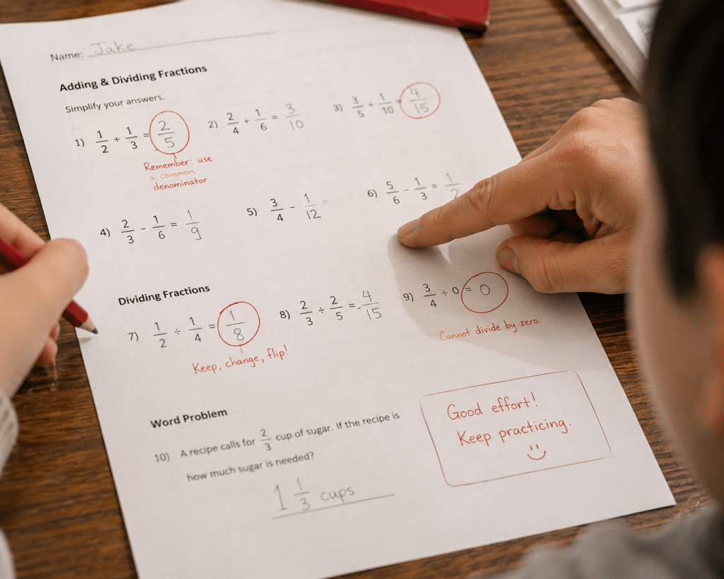 Teacher pointing at a student's fraction worksheet with math errors circled in red and encouraging correction notes.