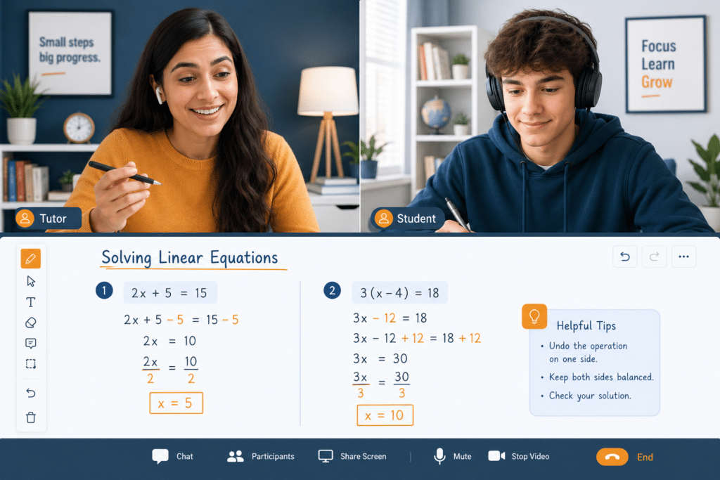 Split-screen online math tutoring session showing a tutor and student collaborating on algebra equations using a shared digital whiteboard in a modern video call interface.