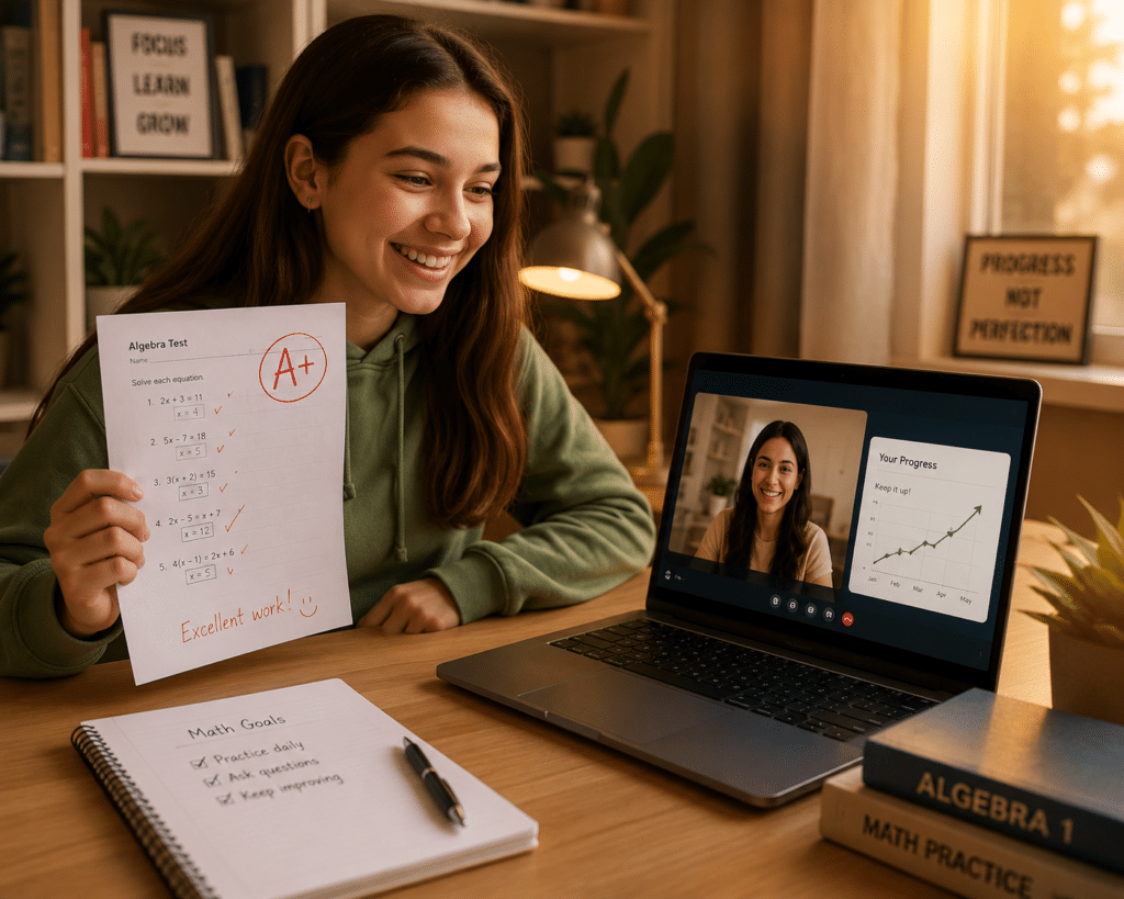 Teenage student smiling while holding a high-scoring algebra test during an online tutoring session, with a laptop displaying a tutor and an upward-trending progress chart.