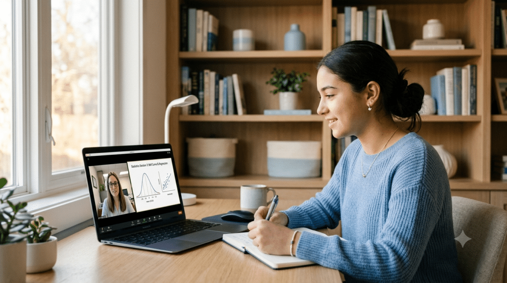 A high school student in a light blue sweater sitting at a sunny home desk, taking notes during an online statistics tutoring session shown on her laptop screen.
