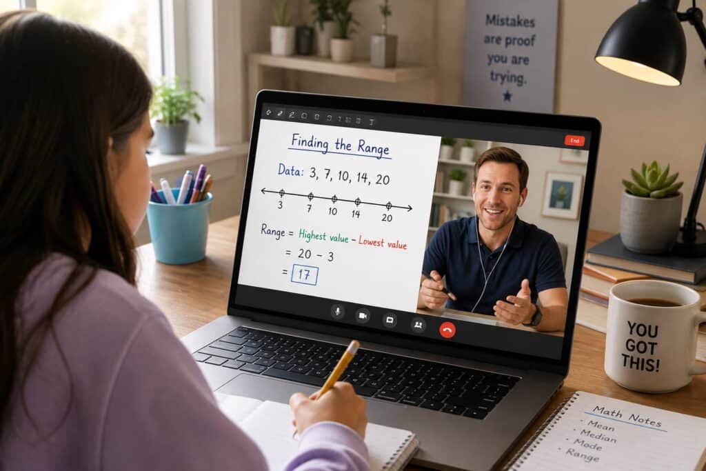 Student attending an online math tutoring session with an American tutor, with a digital whiteboard showing a number line and range calculation.