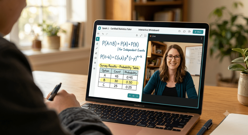 A high school student in a blue sweater sits at a sunny home desk, taking notes while looking at her laptop screen during an online statistics tutoring session.