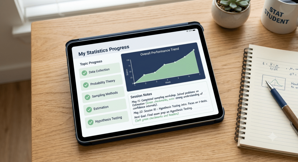 An elevated view of a tablet displaying a student’s "My Statistics Progress" dashboard with green checkmarks for completed topics and an upward-trending line graph. The tablet is next to a notepad with handwritten formulas and a t-test equation, a pen, a succulent, and a "STAT STUDENT" mug.