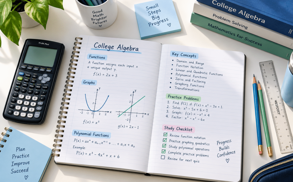 College algebra notebook with function graphs and polynomial equations alongside a calculator, ruler, and pencils