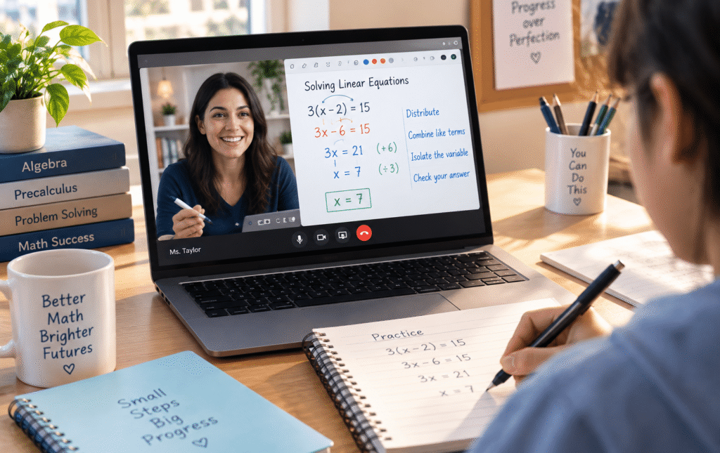 Student following an online 1:1 math tutoring session with a tutor and digital algebra whiteboard