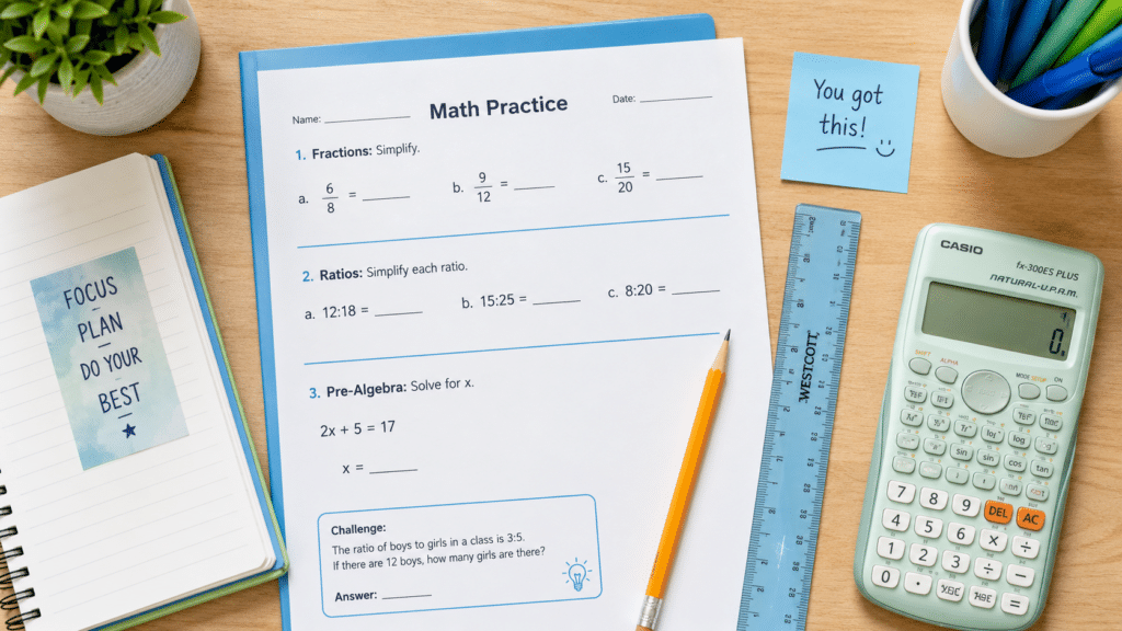 Overhead view of a neatly organized middle school math study desk featuring a worksheet with fraction, ratio, and pre-algebra problems, alongside a pencil, ruler, calculator, and notebook.