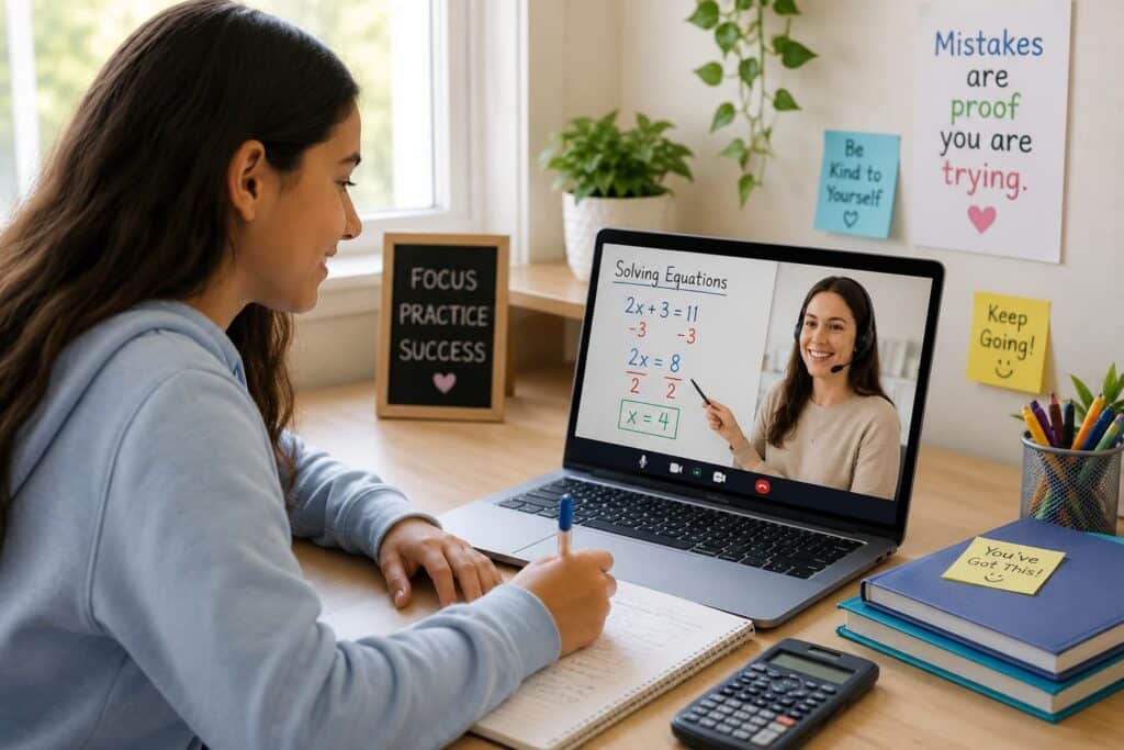 High school student studying at a desk with a laptop displaying an online algebra tutoring session, with notebooks and a calculator nearby.