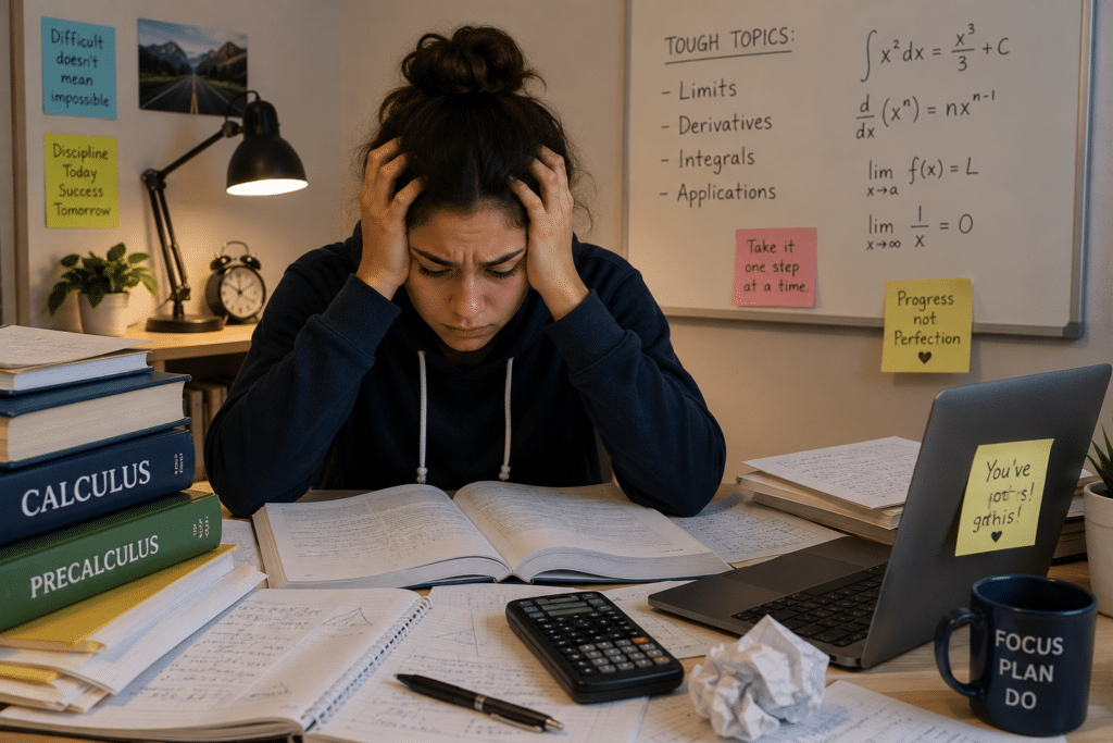 Student sitting at a desk with open textbooks, notebooks, and study papers, appearing overwhelmed while working on a difficult math assignment.