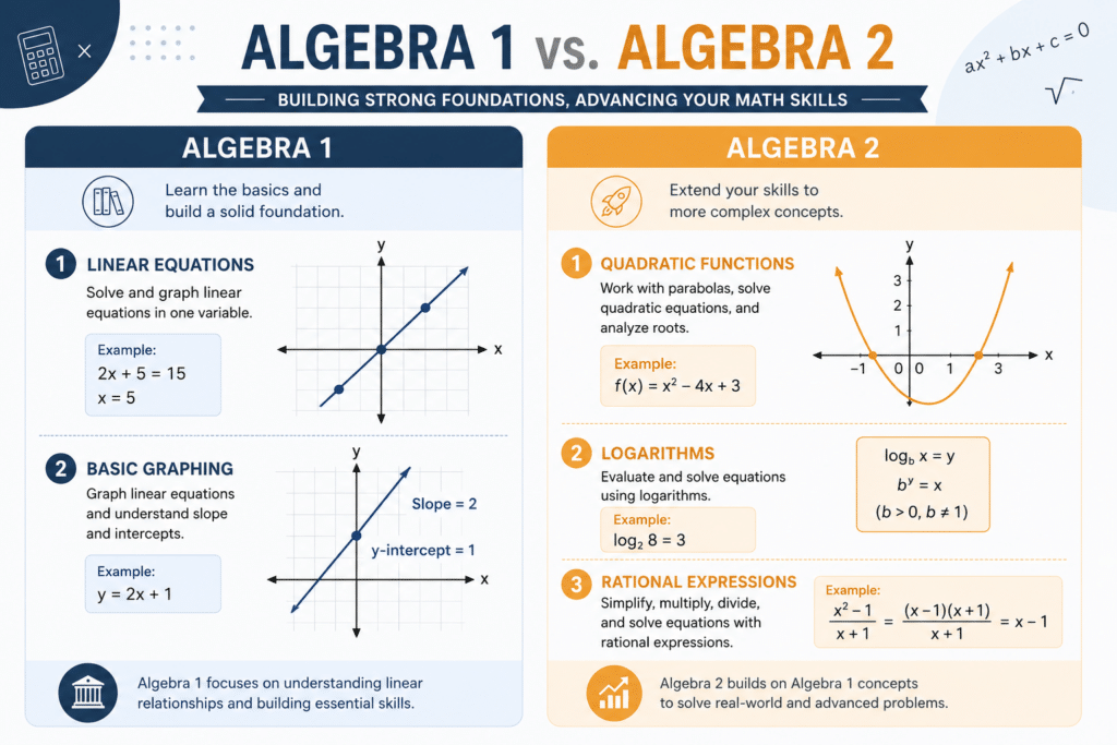 Educational comparison chart showing Algebra 1 topics, including linear equations and basic graphing, alongside Algebra 2 topics such as quadratic functions, logarithms, and rational expressions in a clean side-by-side layout.