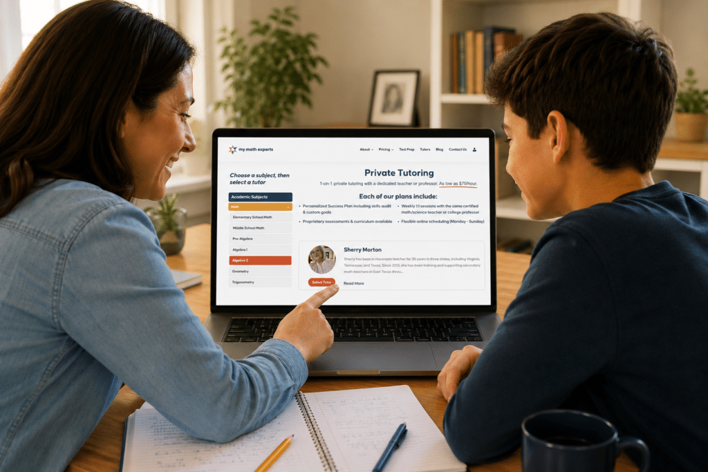 Parent and student sitting together at a table, viewing the My Math Experts tutoring website on a laptop while discussing personalized online math tutoring options.