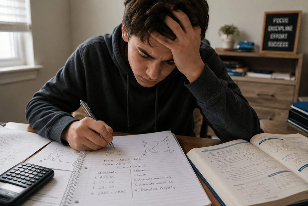 Frustrated high school student sitting at a desk with an open geometry textbook and homework featuring triangles and geometric proofs, studying in natural light.