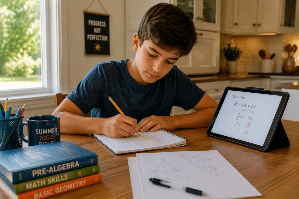 Focused middle-school student solving math problems in a notebook at a sunlit kitchen table with a tablet displaying math equations during summer break.