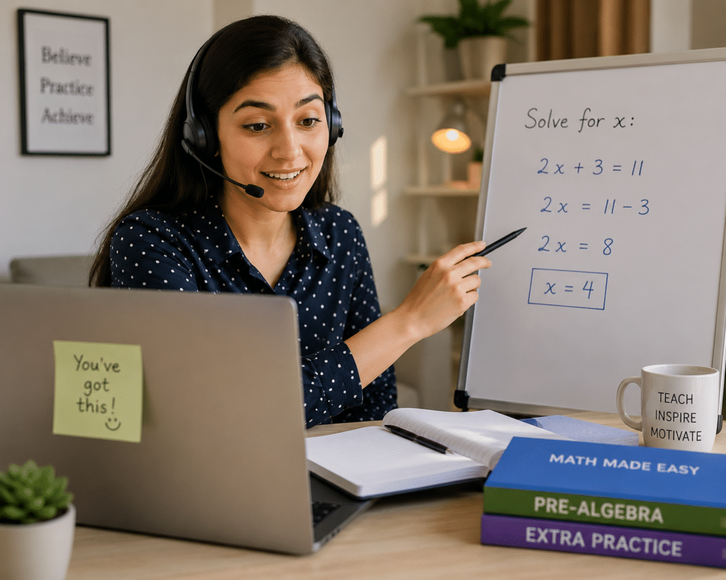Online math tutor wearing a headset and pointing to a solved algebra problem on a whiteboard during a live virtual tutoring session.