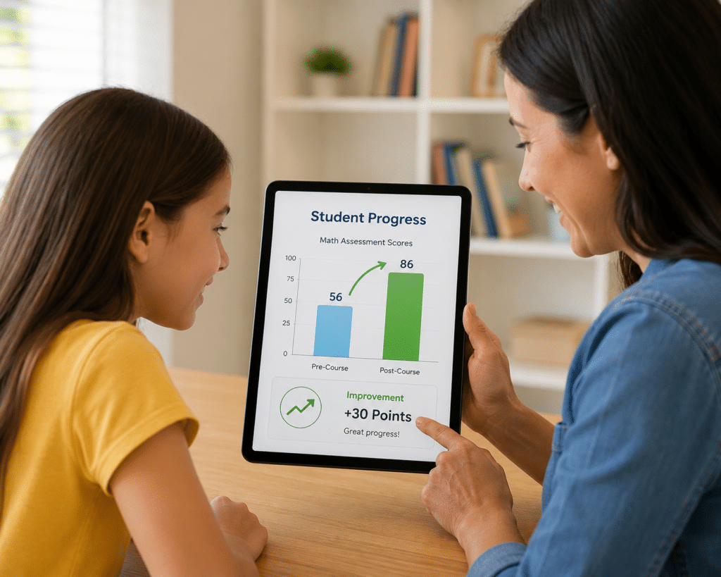 Parent and child reviewing a tablet displaying a progress chart with rising pre- and post-course math assessment scores in a bright home setting.