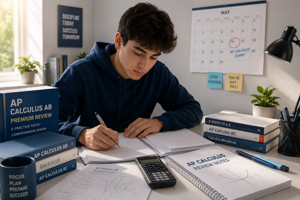 High school student preparing for an AP Calculus exam at a desk with review books, practice worksheets, a calculator, and a calendar showing a circled exam date.