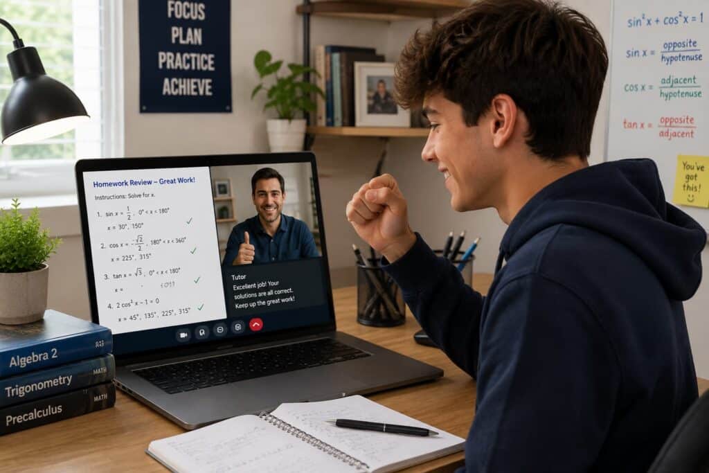 High school student smiling while reviewing completed trigonometry homework on a laptop with an online tutor providing encouraging feedback.