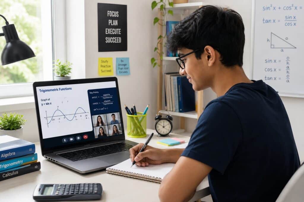 High school student studying trigonometry on a laptop with graphs and functions visible in a virtual classroom.