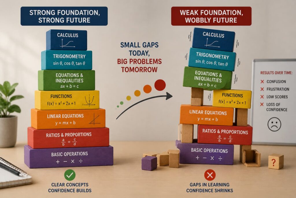 Educational illustration comparing a stable math foundation with an unstable stack of concepts, showing how learning gaps can lead to challenges in advanced math.