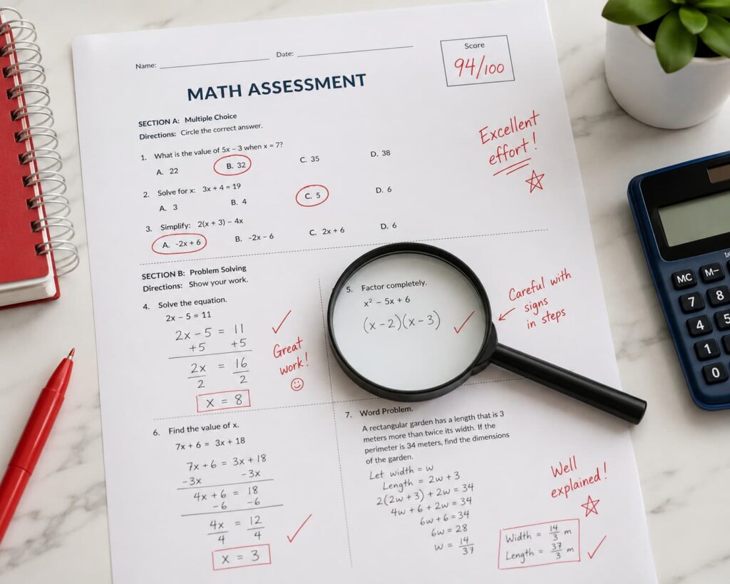 Completed math assessment sheet with circled problems, handwritten notes, red-pen feedback, and a magnifying glass highlighting one problem.