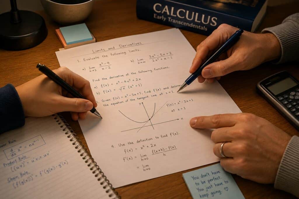 Student and tutor working together on a calculus worksheet with limit and derivative problems, equations, and a hand-drawn curve.