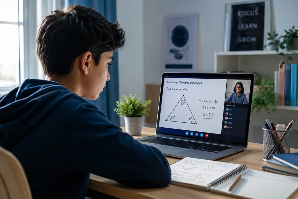 Teenage student attending an online geometry lesson at a home desk with a laptop showing triangle and angle problems.