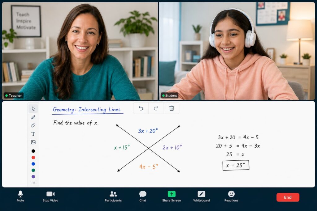 Certified teacher and middle-school student in an online geometry lesson using a shared whiteboard with intersecting lines and angle labels.