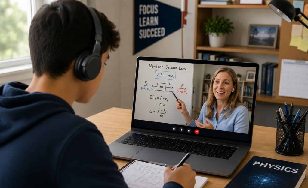 High school student studying physics with an American female online tutor on a laptop.