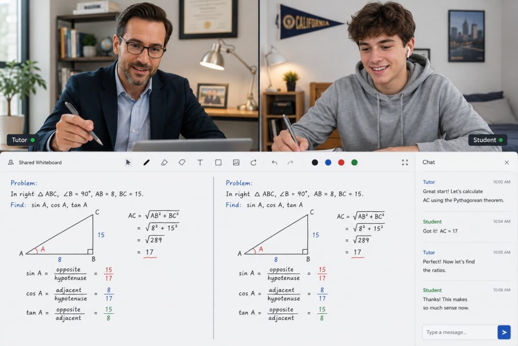 American tutor and high school student solving a trigonometry problem together during an online tutoring session with a shared digital whiteboard.
