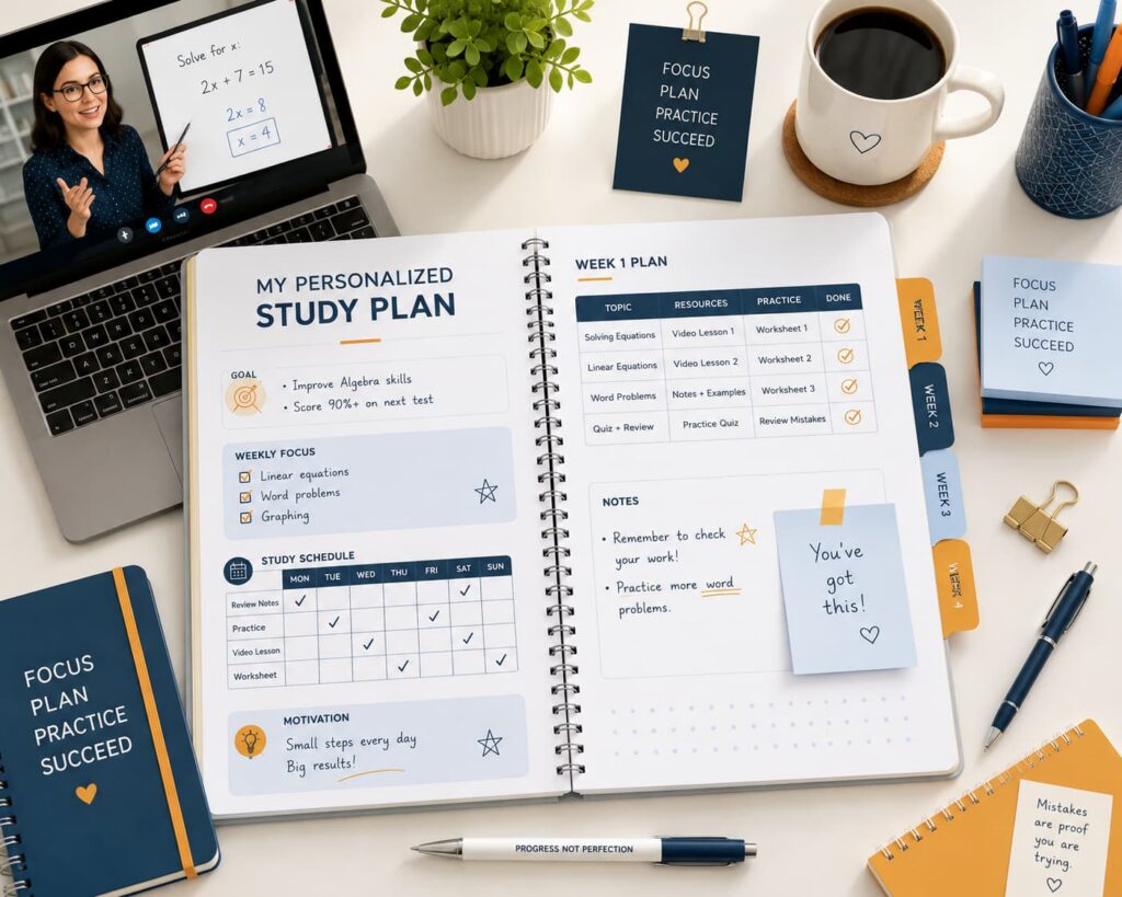 Personalized math study plan beside a laptop showing an online tutoring session, with weekly goals, practice tasks, notes, and study materials on a clean desk.