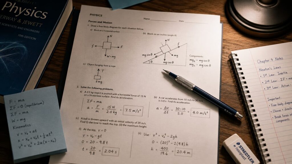 Physics worksheet with free-body diagrams, force arrows, and kinematic equations on a study desk.