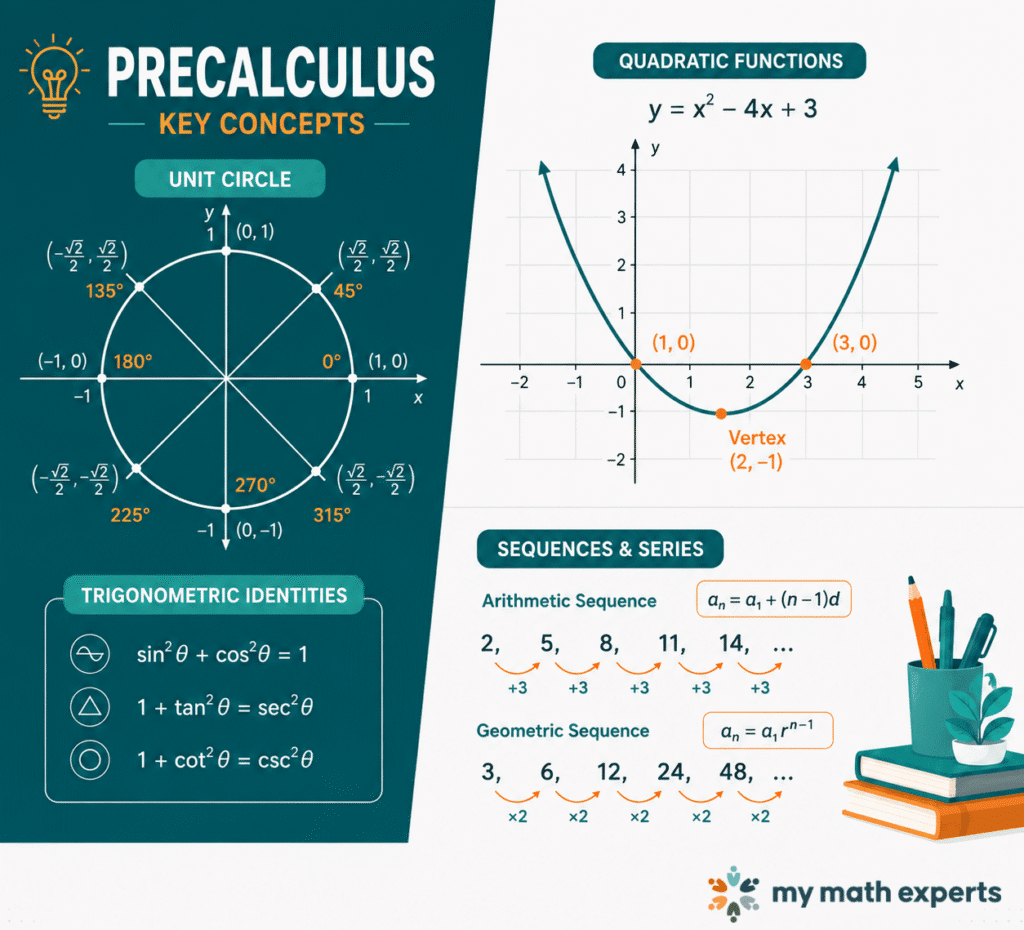 recalculus infographic showing a unit circle, trigonometric identities, quadratic function graph, and arithmetic and geometric sequences.