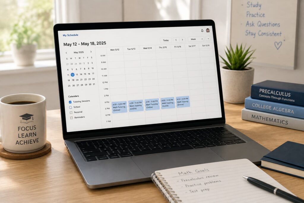 Laptop displaying a weekly calendar with recurring online math tutoring sessions on an organized home study desk.