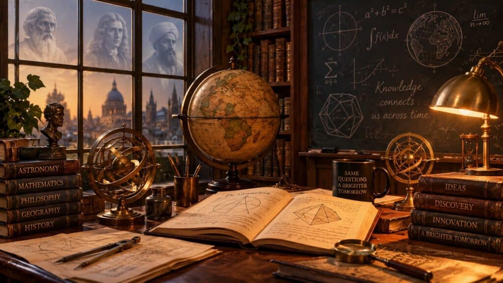 Warmly lit historic study with antique globes, geometry manuscripts, mathematical equations, and silhouettes of historical scholars.