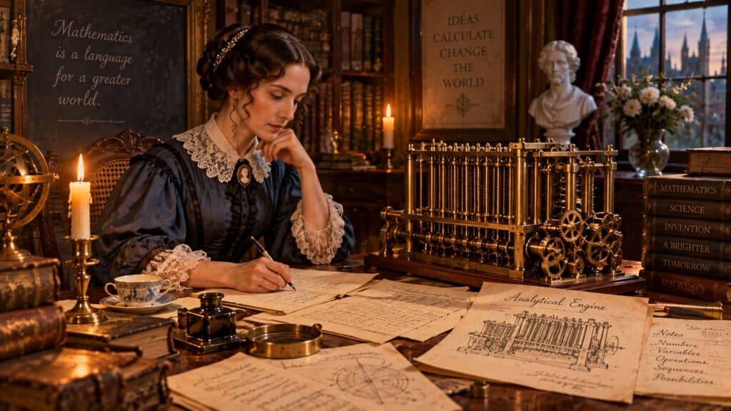 Victorian-era woman mathematician writing notes beside a brass analytical engine in a candlelit study filled with books, gears, and mathematical diagrams.