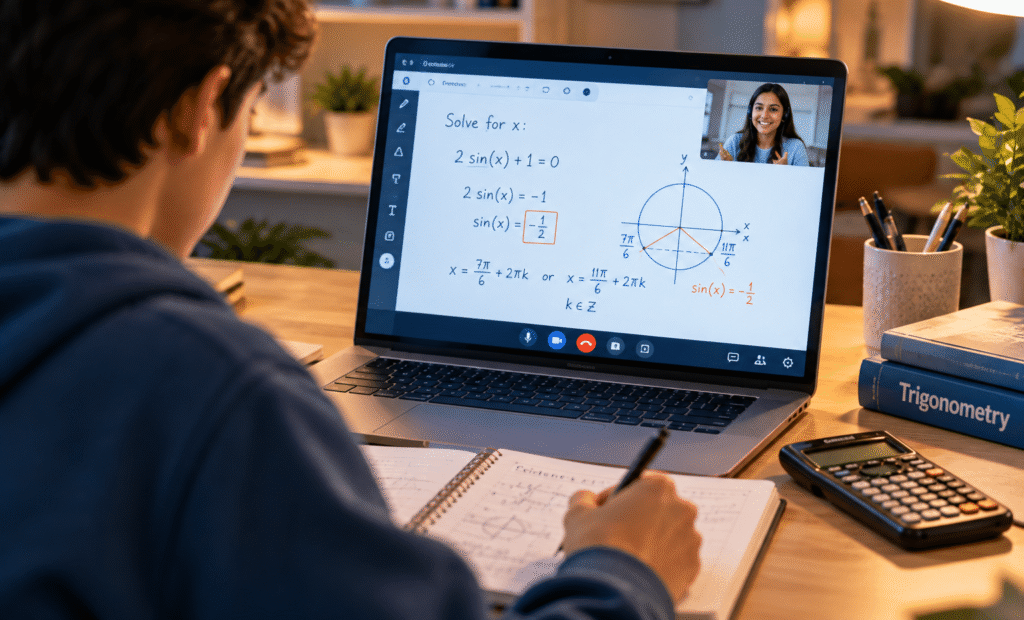 Student attending an online trigonometry tutoring session with a tutor and shared digital whiteboard displayed on a laptop.