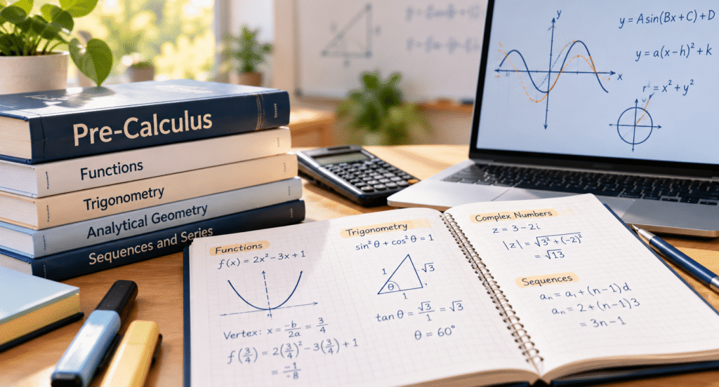 Pre-calculus study desk with textbooks, calculator, notebook showing functions and trigonometry, and laptop displaying mathematical graphs.